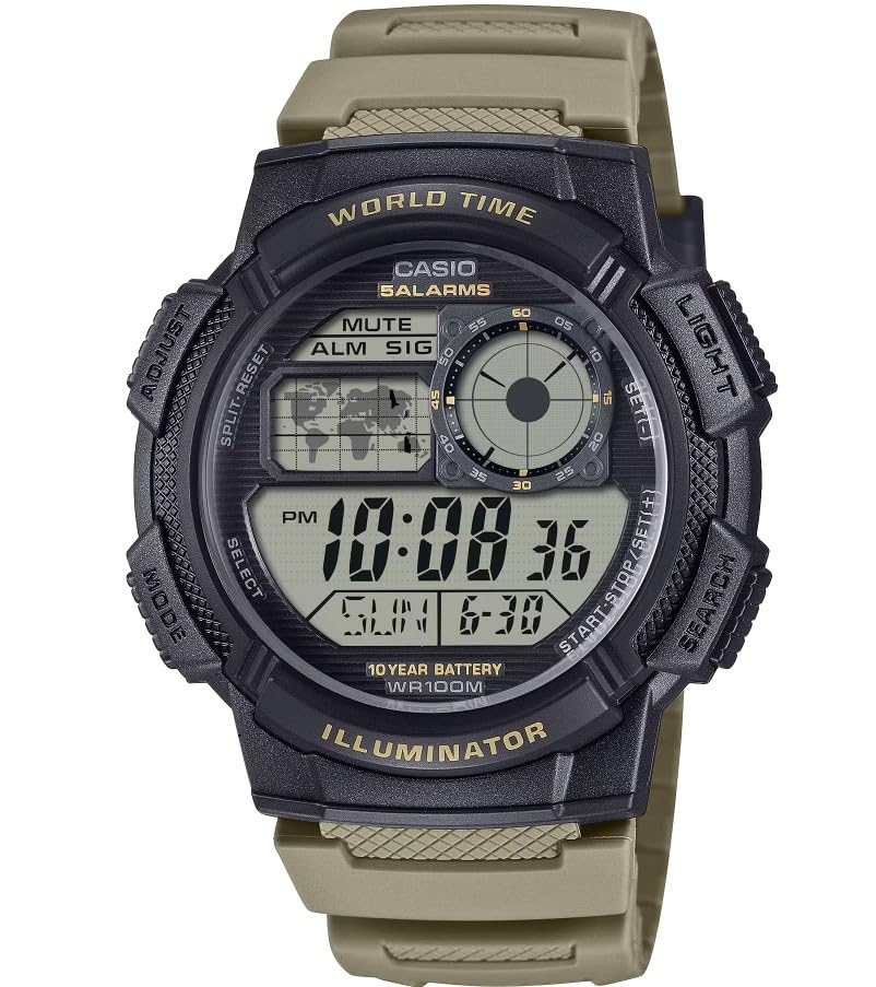 CasioAE-1000W Series | Black/Tan | 10-Year Battery | World Time | Daily Alarm | Digital Illuminator Watch, Black | Tan