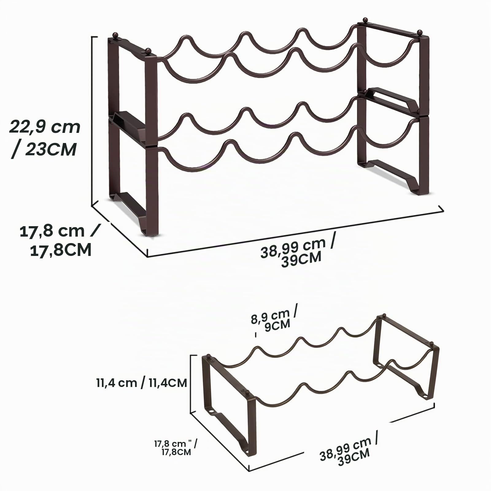 Scaffale per bottiglie in metallo, impilabile, portabottiglie per 8 bottiglie per cantina, bar e magazzino, Wine Rack stabile modulare espansibile per bottiglie e conservazione del vino (2 livelli)