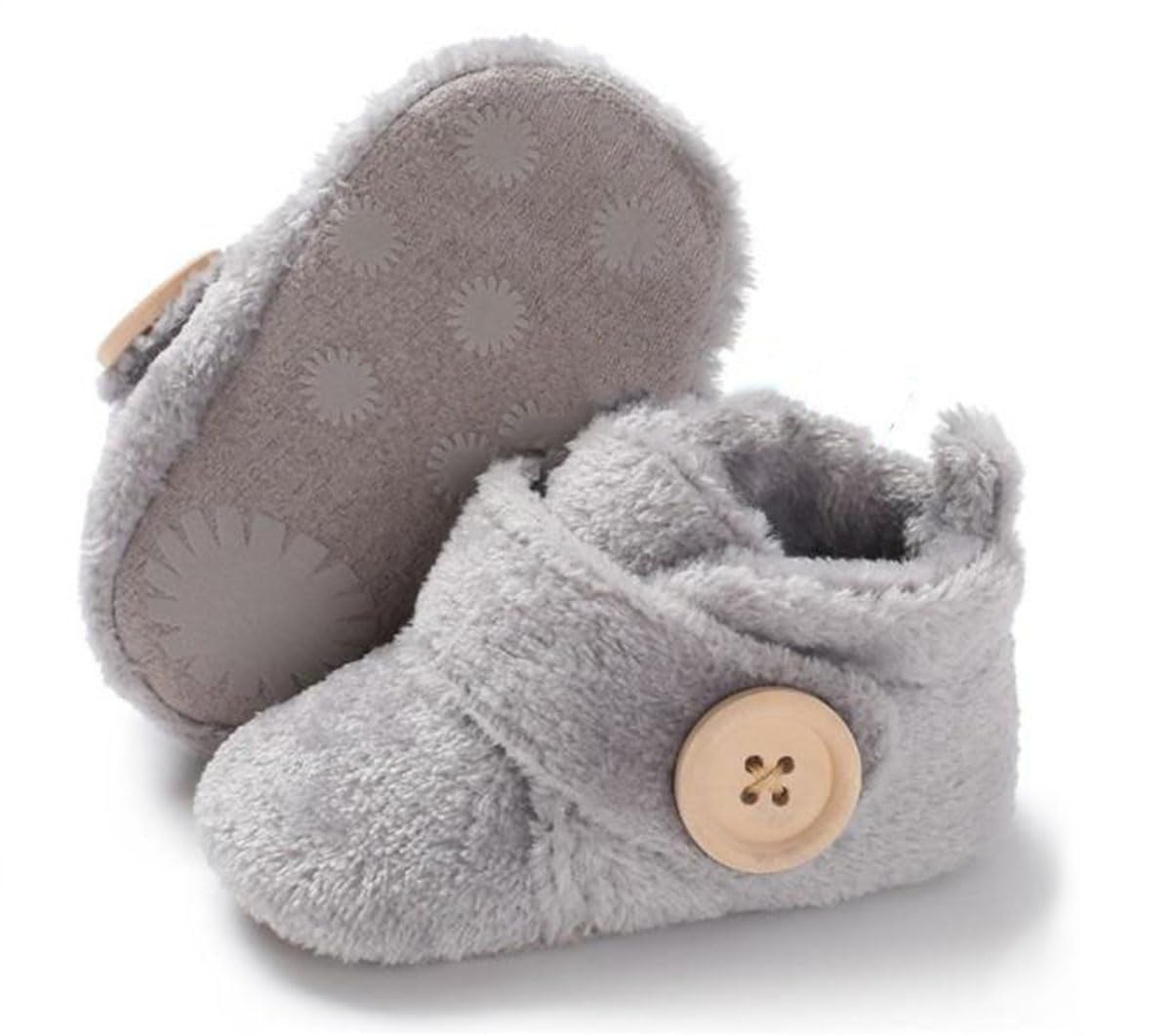 COSANKIM Unisex Newborn Baby Booties Non-Slip Sole Soft Fleece Toddler Boy Girl Slipper Winter Warm First Walker Crib Shoes (12-18 Months Toddler, E-Grey)