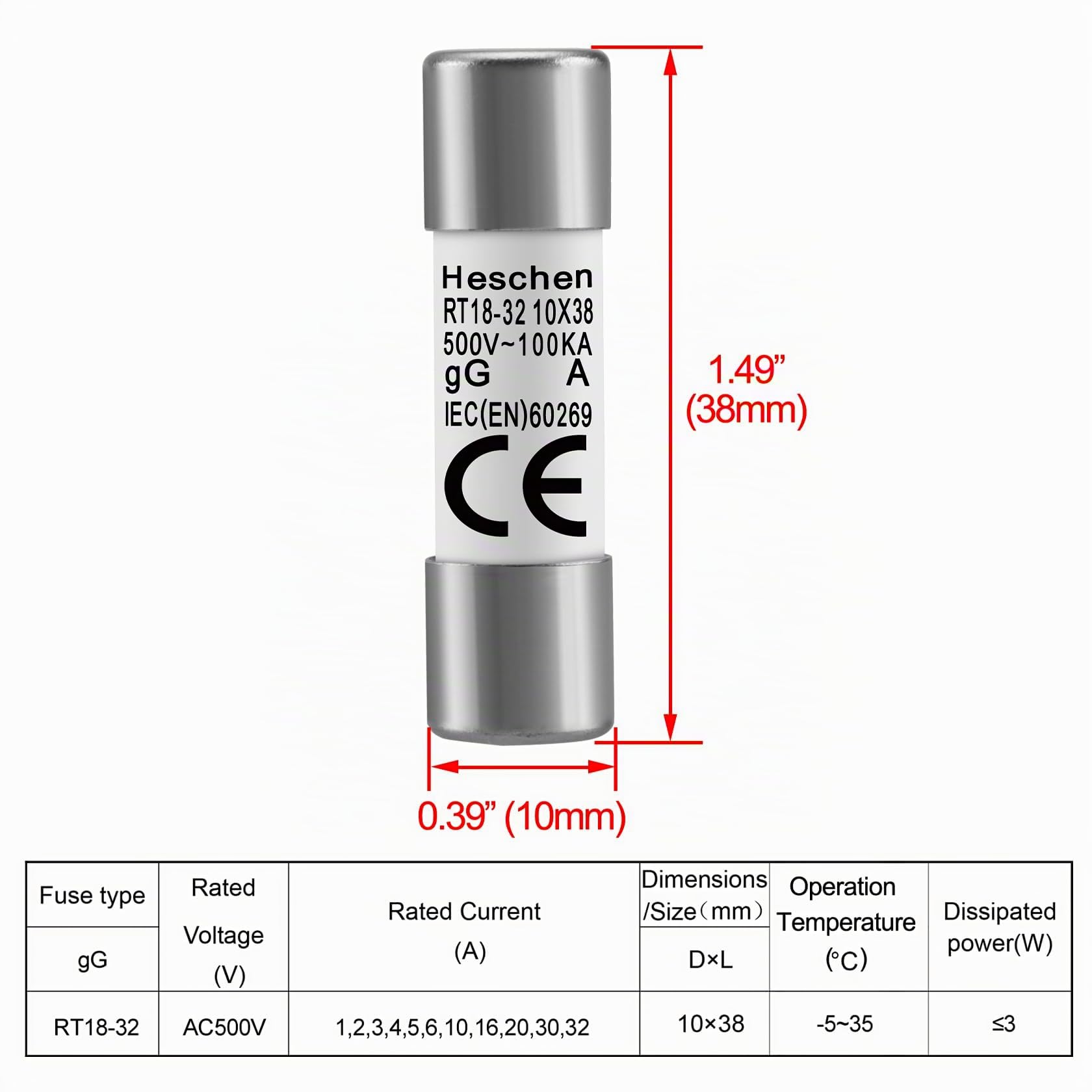 Heschen Tubo cilíndrico de cerámica de enlace de fusible, RT18-32 (RO15), 10 * 38 mm, 2A 500V, CE Pack de 10