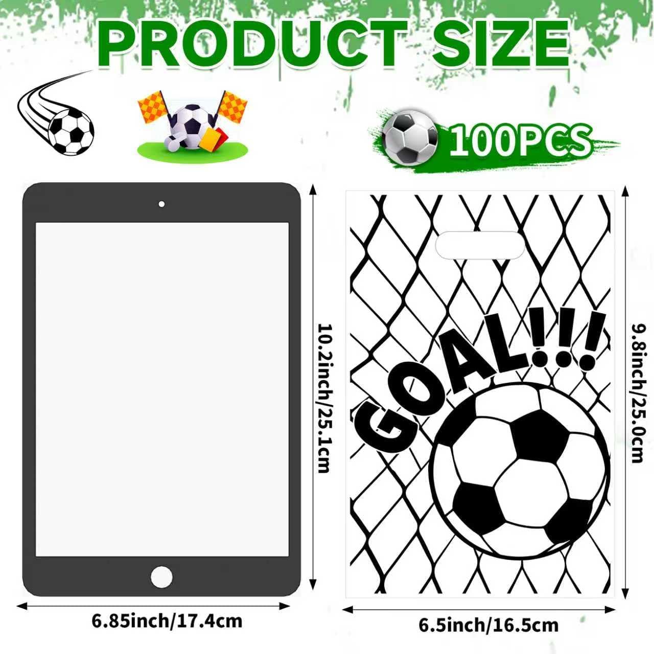 Bulk 100 Pack Soccer Party Favor Bags - Plastic Football Goodie Bags with Handles, Mega Value Set Sports Theme Treat Bags for Teams, School Events, Tournament Snacks, 6.5" x 9.8" (Black & White) image 2
