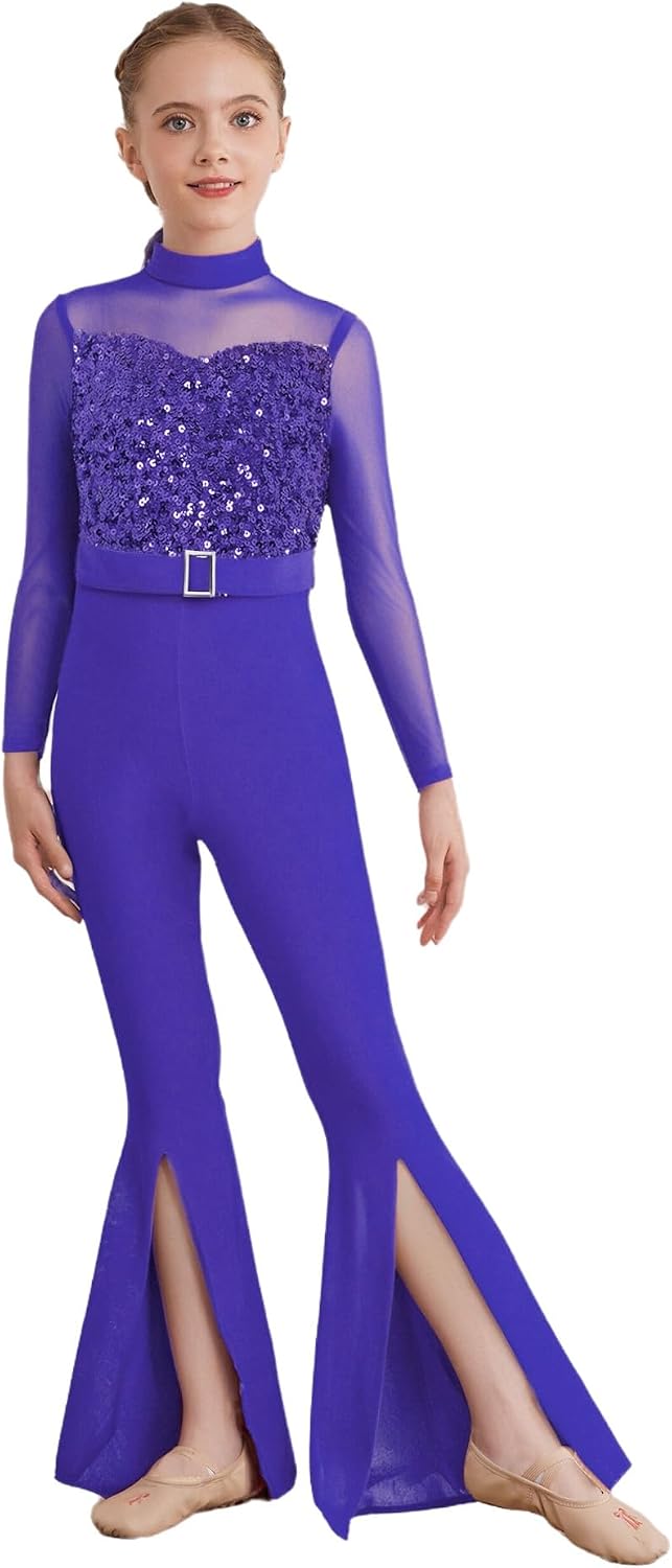 ranrann Kids Girls Sequin Full Body Unitard Jazz Dance Outfit Bell Bottom Jumpsuit Catsuit Gymnastics Dancewear