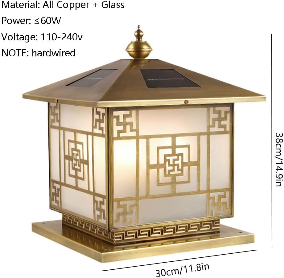 Solar Copper Post Lamp Fixture Pillar Lights Outdoor, Traditional Waterproof Column Headlight Square Solar Post Lamp Fence Garage Pavilion Courtyard Lighting