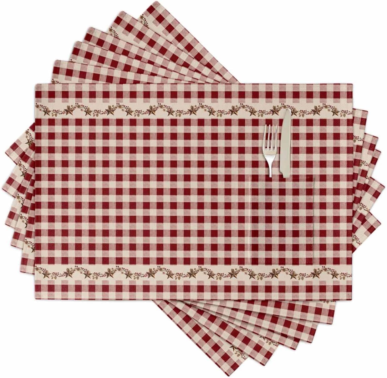 Cloth Placemats with Pockets Set of 6 - Washable Place Mats Vintage Western Texas Star Primitive Berries Red Buffalo Checkered Plaid Placemat - Farmhouse Placemats for Dining Table 13x19In