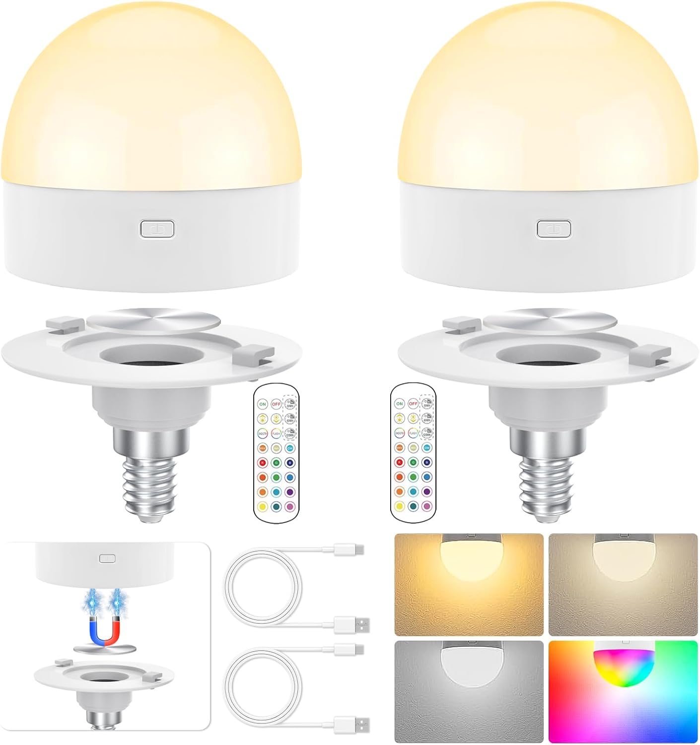 Rechargeable Light Bulbs with Remote Control,E12 Battery Operated Light Bulb with 15 Colors Selectable,3 Timer,Dimmable,Magnetically,Detachable Charging,for Wall Sconce,Non-Hardwired,2Pack