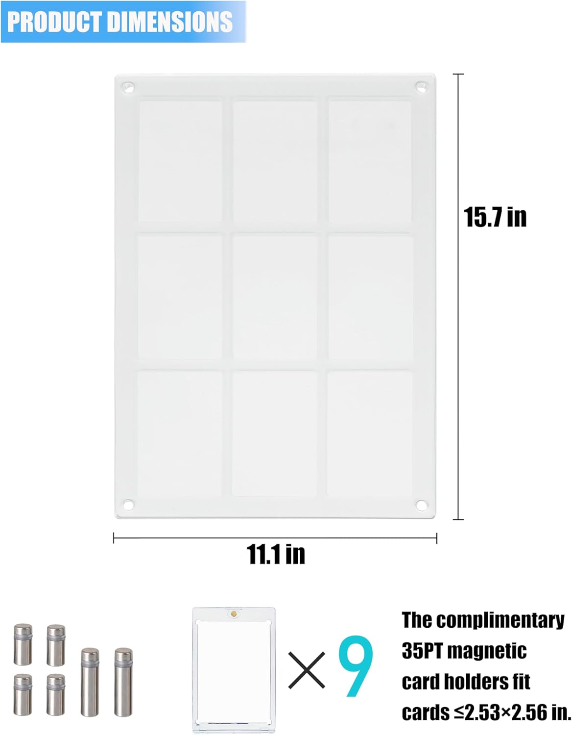 Acrylic Trading & Sports Card Display Frame - 9-Slot Wall/Desktop Holder for Baseball, Pokemon, Hockey Cards, UV-Protected with Magnetic One Touch Holders & Ad Nails