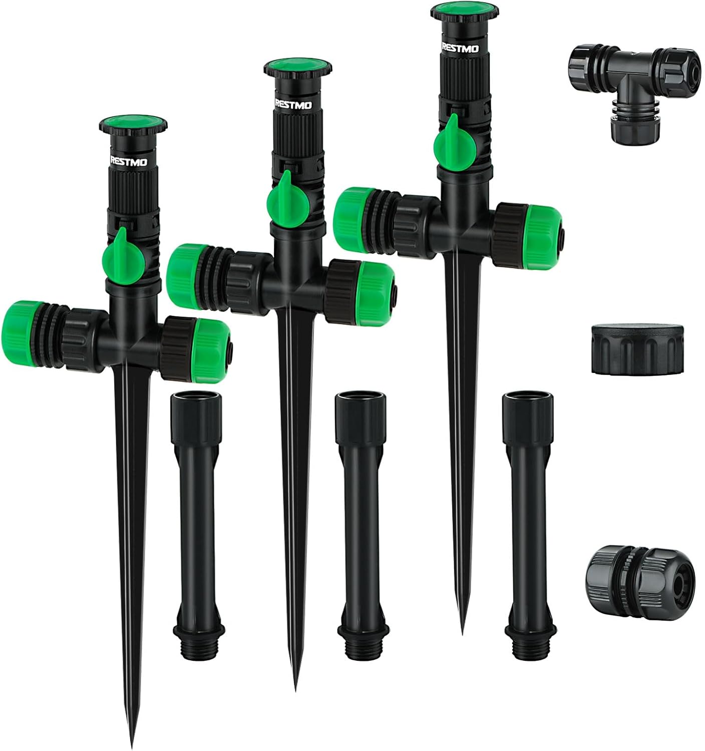RESTMO Flexible Sprinkler System with Metal Spike Base, Above Ground DIY Irrigation Kit, Multi-Adjustable Lawn Sprinkler Set, Ideal for Plant and Flower Bed Watering (Garden Hose Not Included)