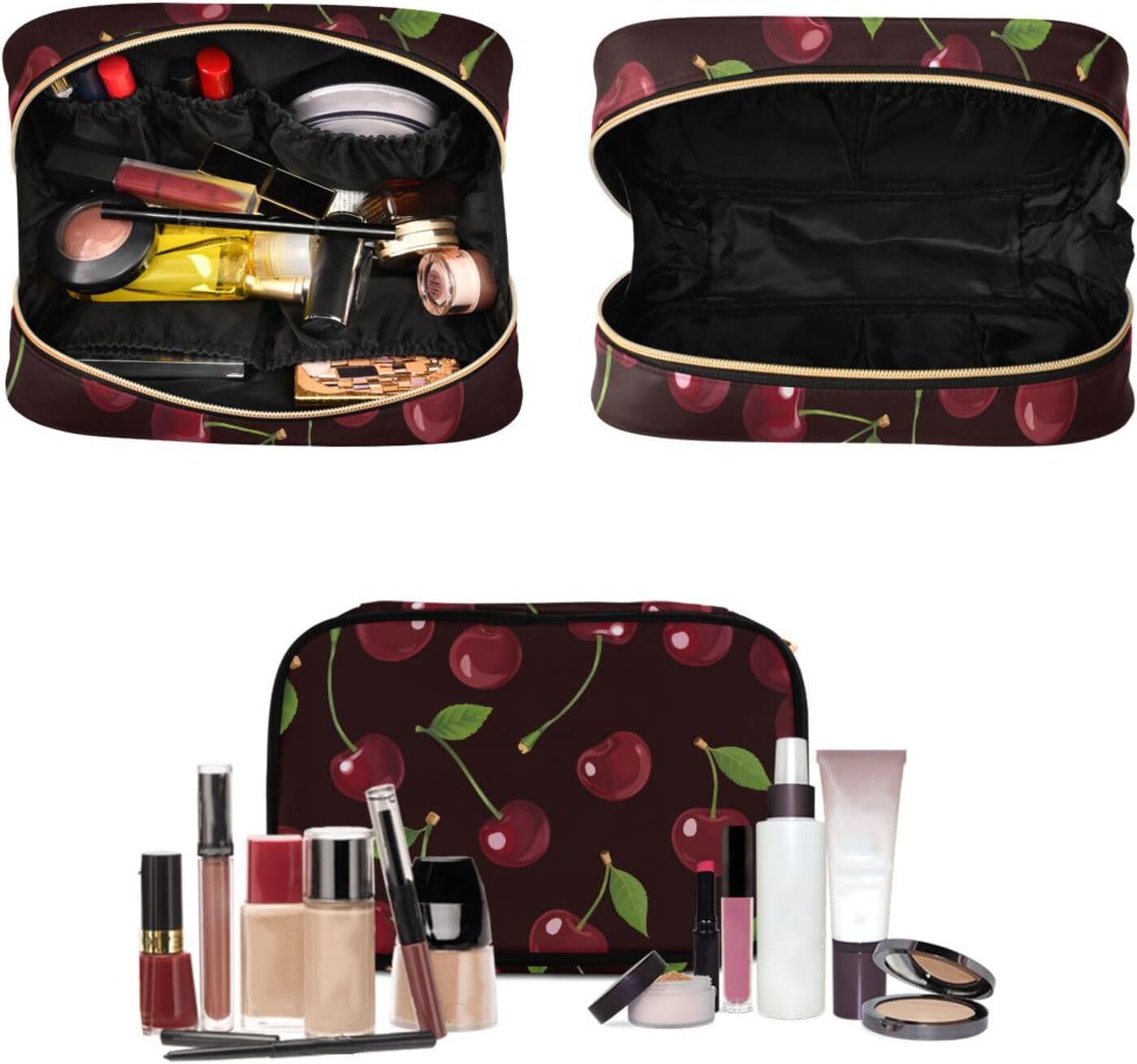 senya Vintage Cherry Pattern Toiletry Bag Hanging Travel Makeup Bag 3 PCS, Portable Makeup Organizer Cosmetic Bag Clear