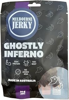 Melbourne Jerky, Premium Beef Jerky, Healthy Snack Alternative, High-Protein Snack, Wholesome, Tender, Juicy, Flavorful, MSA Grade, Australian Made, Ready-to-Eat, 50gms, Ghostly Inferno Flavored