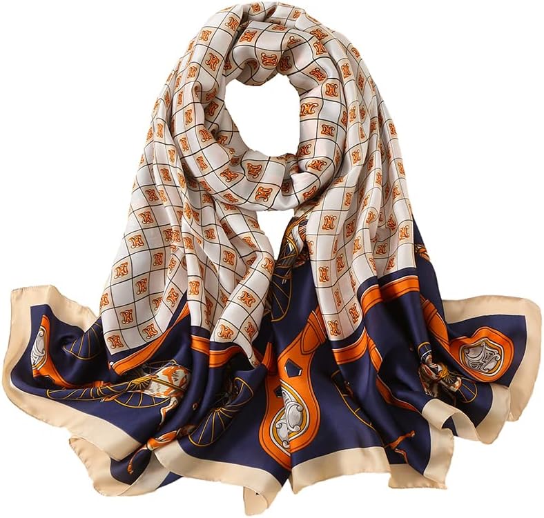 Qyx Women's Fashion 100% Mulberry Silk Large Scarf-Elegant Lightweight Satin Flowers & Birds Printed Shawls & Wraps for Lady