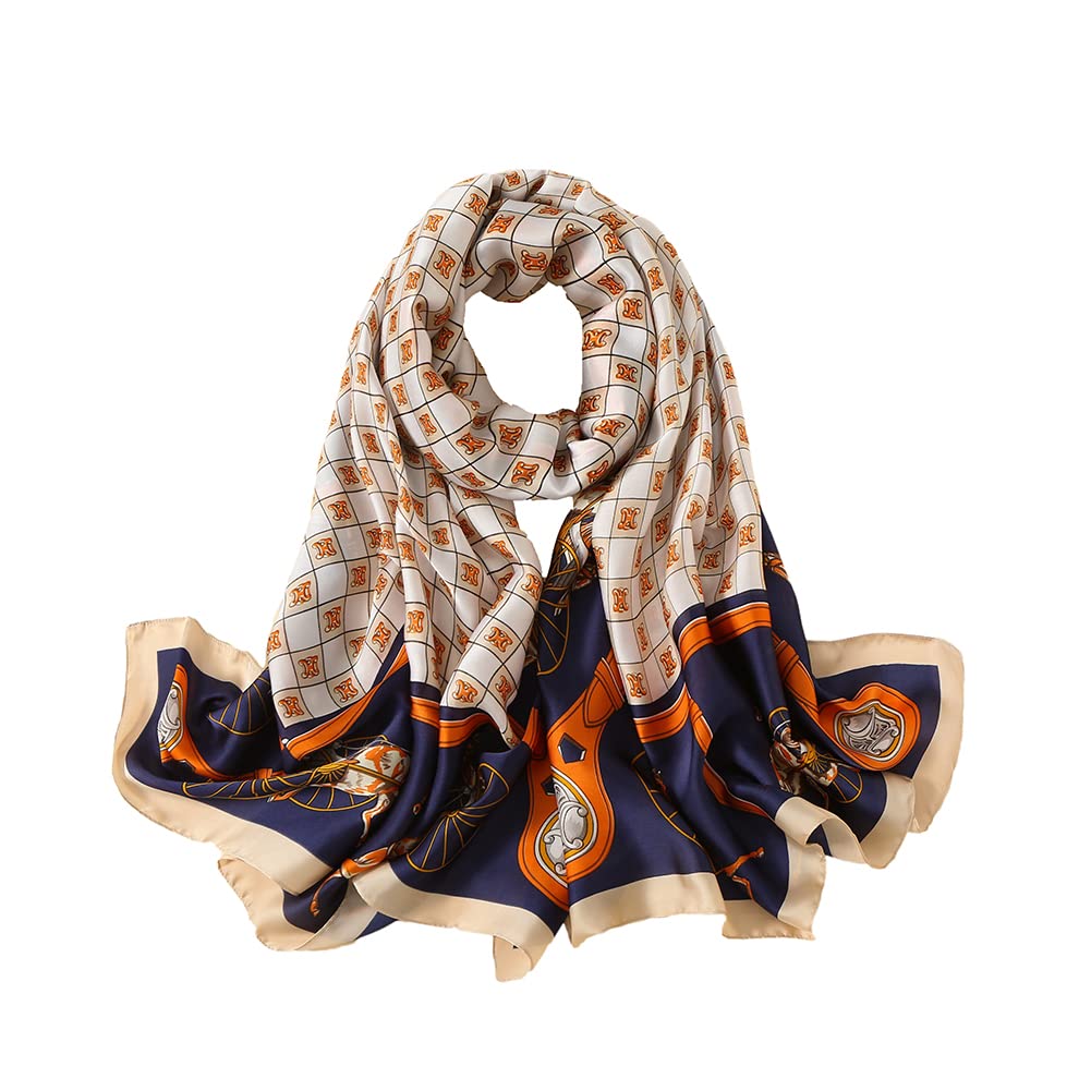 Qyx Women's Fashion 100% Mulberry Silk Large Scarf-Elegant Lightweight Satin Flowers & Birds Printed Shawls & Wraps for Lady