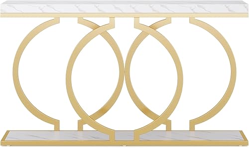 Miniatura 9 de Tribesigns - Mesa de consola dorada, mesa de entrada moderna de 55 pulgadas con marco geométrico de metal, mesa de sofá estrecha y larga de aspecto