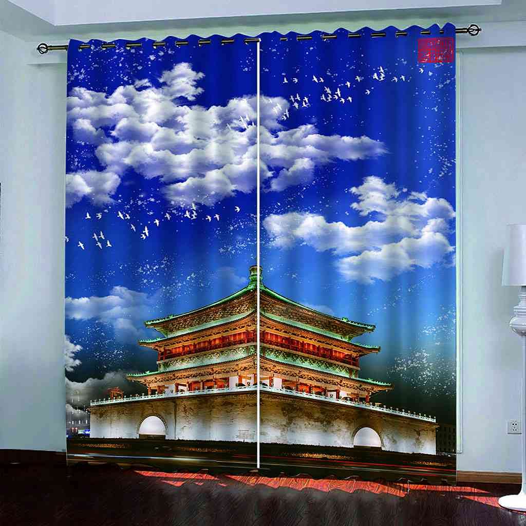Rideau oeillets architecture chinoise 3D polyester haut de gamme