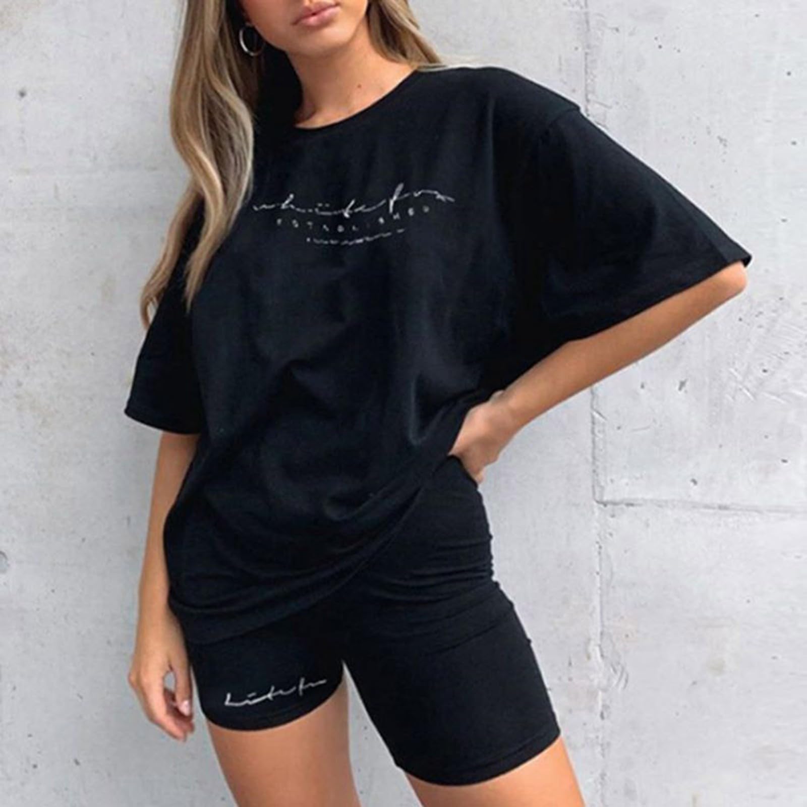 Generisch Oversize Set Damen Sommer T-Shirt und Radlerhose mit Buchstaben-Print Sportanzug Biker Shorts Einfarbig Elastisch Atmungsaktiver Hausanzug Loungewear Jogginganzug für Freizeit