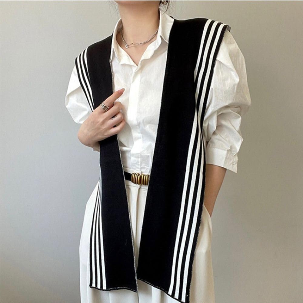 Women's Sweater Knitted Knotted Shawl Wraps,Black White Stripe Scarf Cape Tops Blouses Cross Front Poncho Sweater Wrap Knitted Shawl,Womens Shawls and Wraps - Image 7