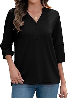 3/4 Length Sleeve Womens Tops Dressy Casual Blouses for Women 2025 Henley V Neck Shirts Loose Fit Tunic Tops