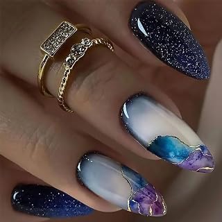 Almond Press on Nails Medium Fake Nails With Purple Marble Texture Designs Gold Line False Nails Black Full Cover Acrylic Stick on Nail Glitter Artificial Nail for Women 24Pcs