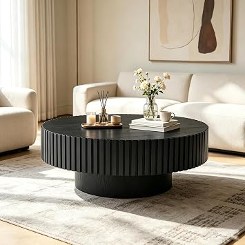 Round Fluted Coffee Table,Circle Center Coffee Table,Round Black