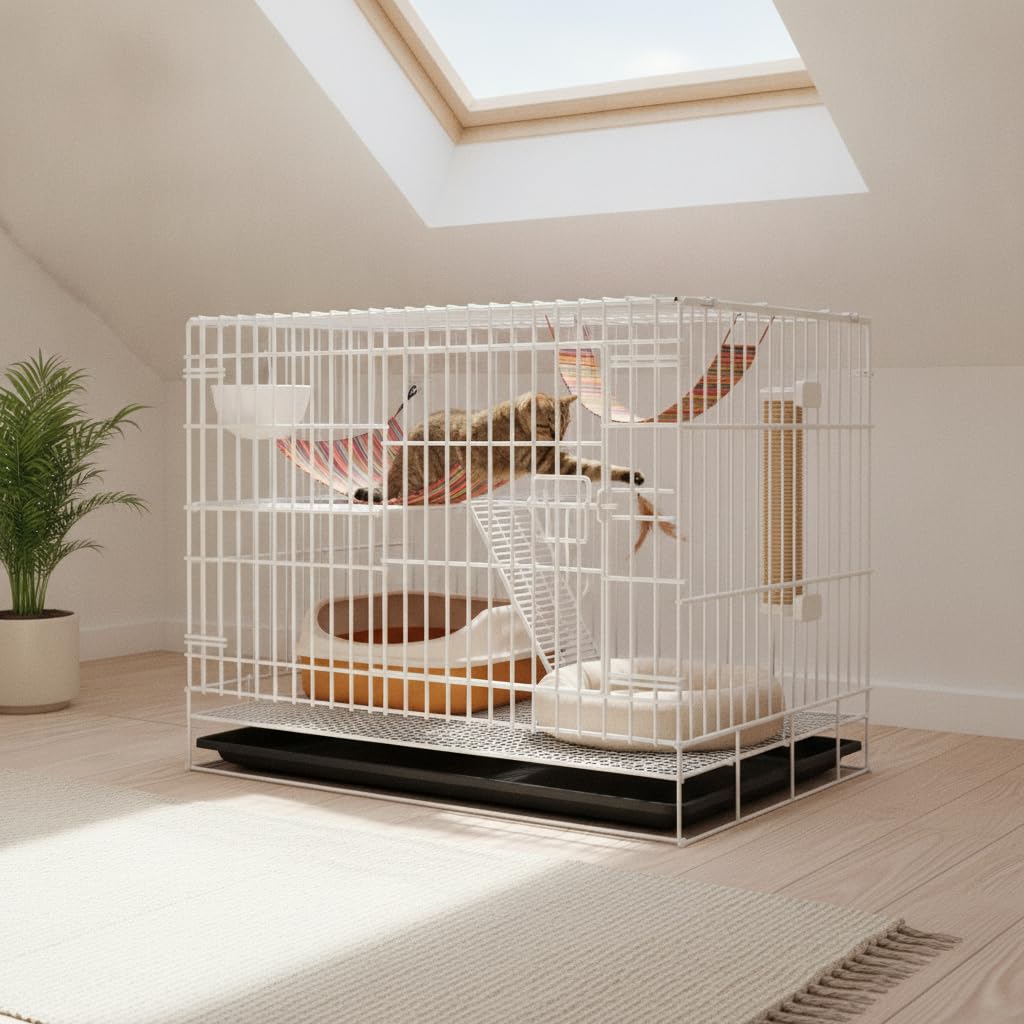 Gabbia Pieghevole per Gatti da Interno, Bianco rinforzato, 78x55x110cm
