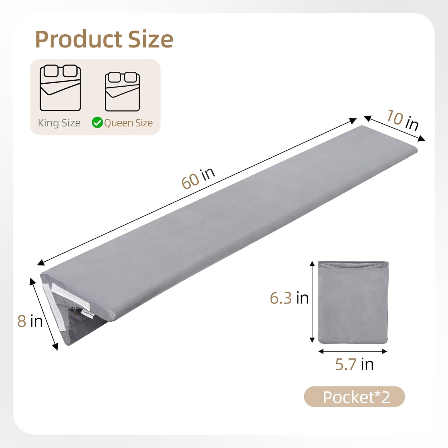 2-in-1 Queen Bed Wedge Pillow for Headboard Gap, Fills 0–6" Gaps, Rotates for Two Angles & Heights, Pressure Lock Design Keeps in Place, Dual Side Pockets, Removable Cover, Gray, 60"x10"x8"
