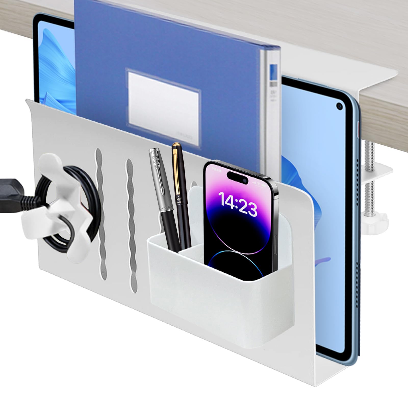 LUKETURE Desk Side Storage, Under Desk Storage, Steel Hanging Desk Organizer, Laptop Holder, with Pen Holder, Desk Storage Holder for Office and Home (White 1 Tier with Cord Wrapper)