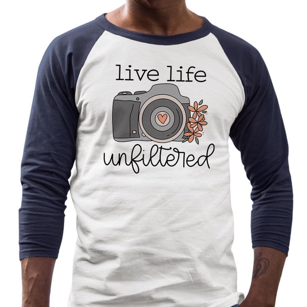 TeesAndTankYou Live Life Unfiltered Photographer Three-Quarter Raglan Sleeve Baseball Shirt Unisex Large White/Navy