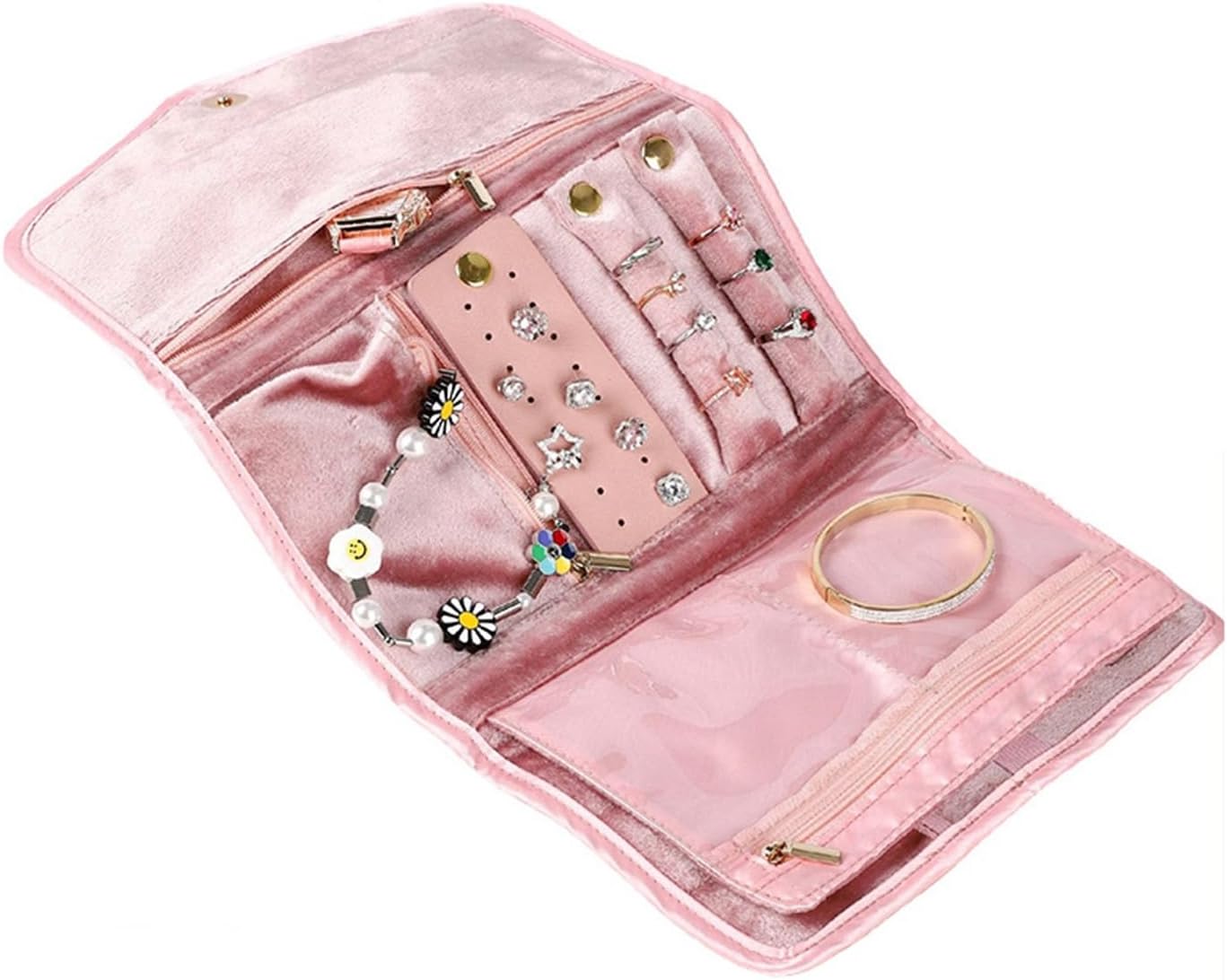 Jewelry Storage Roll Jewelry Organizer Roll Case Foldable Portable Bag for Travel(Pink)