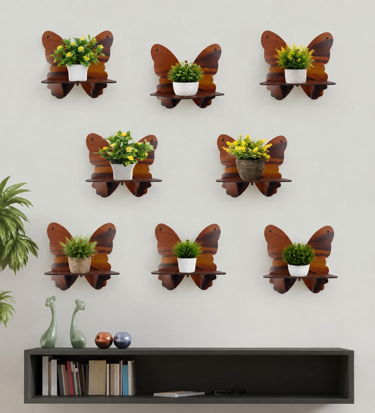 Home Decor wall planter holder wall mount plant stand indoor plant shelf wooden MDF flower pot rack wall decor shelf balcony decor living room decor bedroom decor office decor brown set of 8-image-0