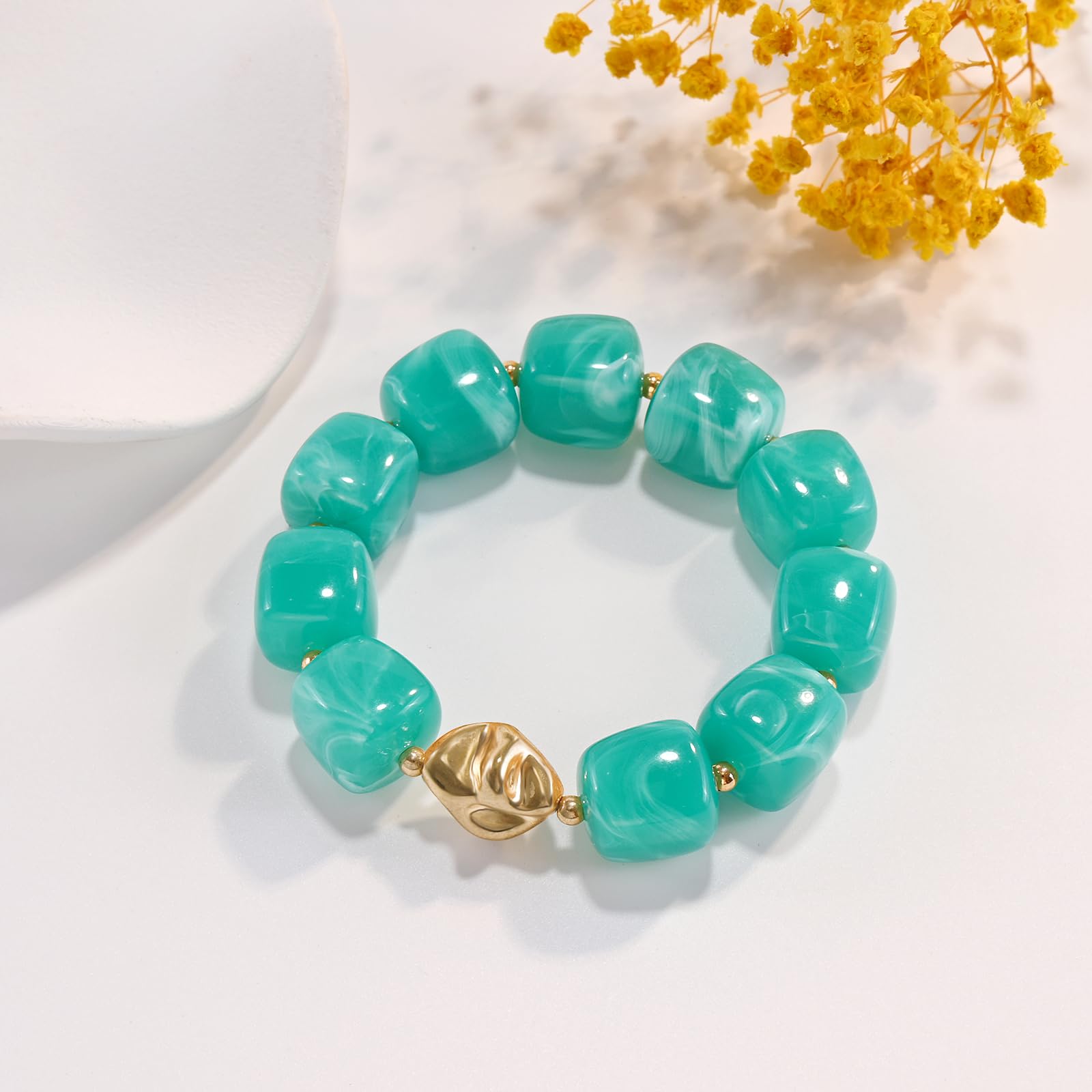 Braccialetto con perline grosse da donna, multicolore, con grandi perline in resina acrilica, elastico e allungabile, braccialetti alla moda e di tendenza, gioielli boho per vacanze estive al mare.