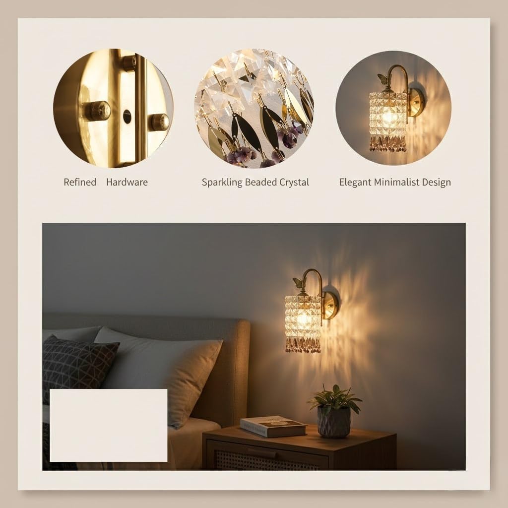 Crystal Wall Lamp, Gold Butterfly Wall Sconce, Decorative Wall Light for Bedroom Headboard, Living Room, Hallway, Entryway, Luxury Fixture, Apartment Loft, Indoor Accent, Foyer Parlor
