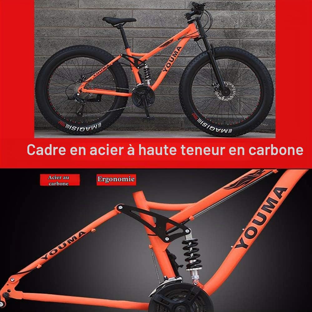 26 Pouces Mountain Bikes, Adulte Garçons Filles Fat Tire Mountain Trail Bike, Double Frein à Disque de Bicyclette, Cadre en Acier Haute teneur en Carbone, Anti-Glissement, 21 Vitesse