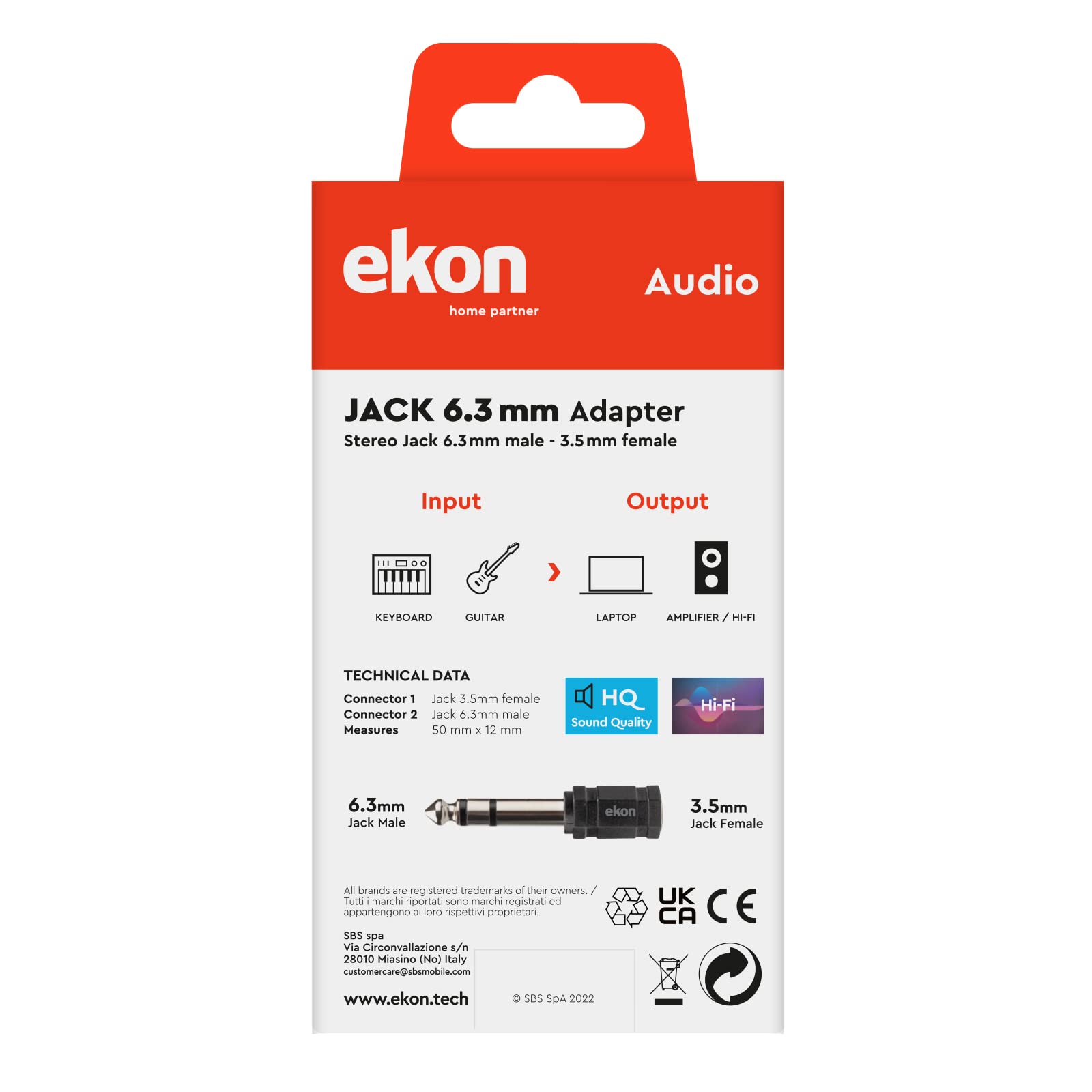 Ekon adattatore Jack, da Jack 3.5mm a Jack 6.3mm, femmina maschio, per radio, stereo, strumenti musicali, chitarra, amplificatore