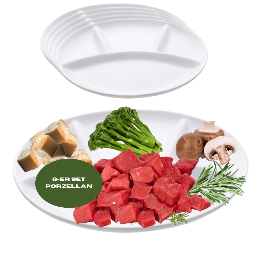 6-er Set Fondue-Teller Ø24 Porzellan weiß – Unterteilung 4 Fächer – Kratzfest, Ofenfest, Spülmaschinenfest – Hochwertiger Speise-Teller für Sushi, Tapas – Einsatz in Kantinen, Gastronomie, zu Hause