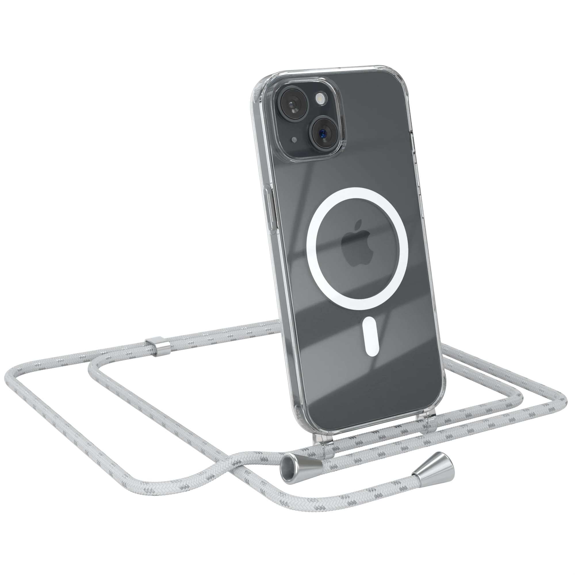 EAZY CASE Custodia In Silicone Per IPhone 16 Plus | Catenella Metallica Regolabile E Laccetto | Trasparente Con Blu Mimetico | Compatibile MagSafe E Qi