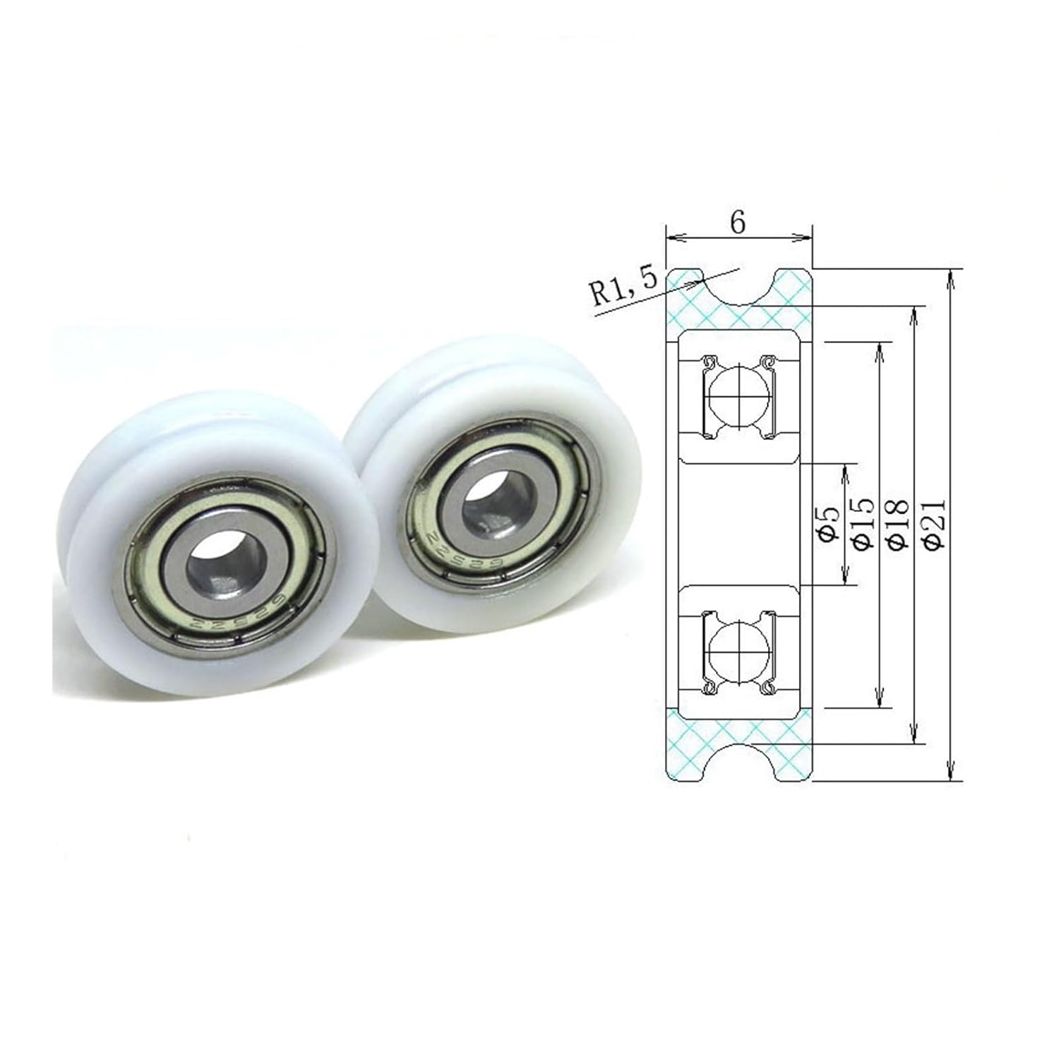 10 Pieces 21mm Outer Diameter White Delrin U-Shaped Nylon Coated Roller with 625Z Bearing BSU62521-6 POM 3mm Curved Track Guide Wheel