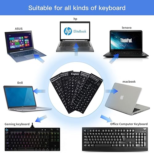 Vista 50 de Calcomanías de teclado inglés, paquete de 2 calcomanías de repuesto para teclado con fuente blanca sobre fondo negro, universales para computadora