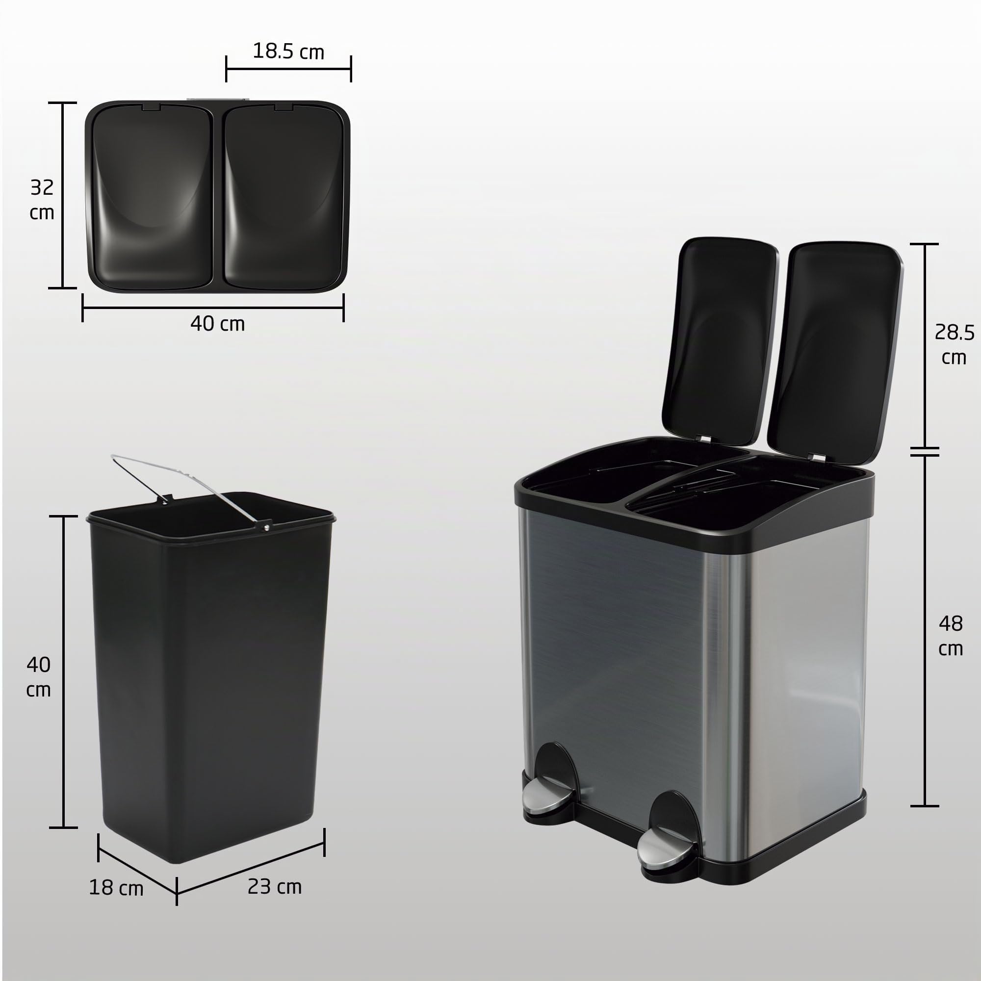Amig - Poubelle de Recyclage Double avec Pédales Mod. RECIK2 - Poubelle Anti-traces pour Cuisine - Acier Inoxydable - 2 Compartiments x 15 L - 48 x 32 x 40 cm - Argenté
