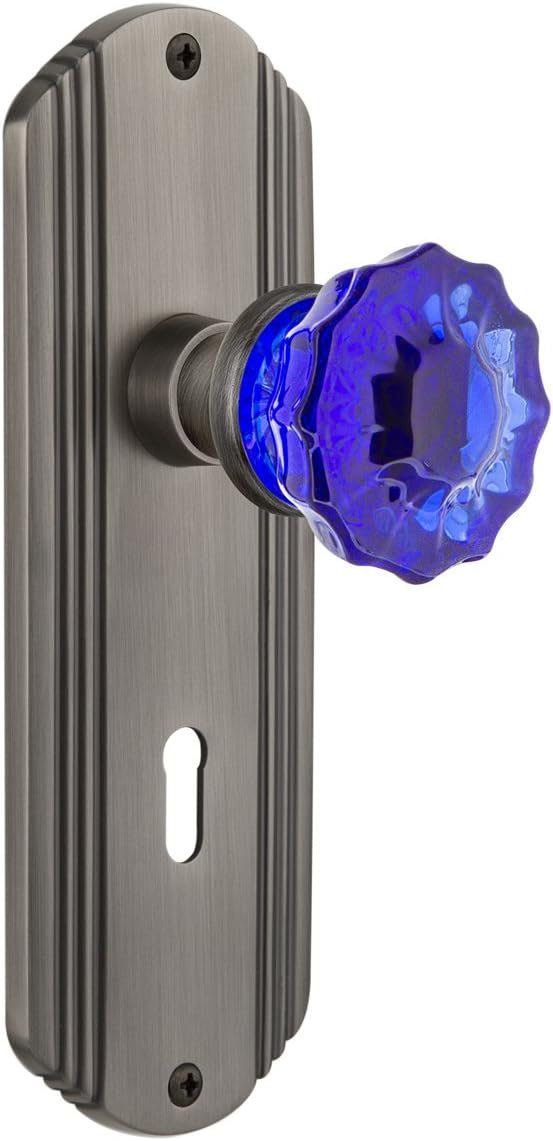 Nostalgic Warehouse 722766 Deco Plate with Keyhole Single Dummy Crystal Cobalt Glass Door Knob in Unlaquered Brass