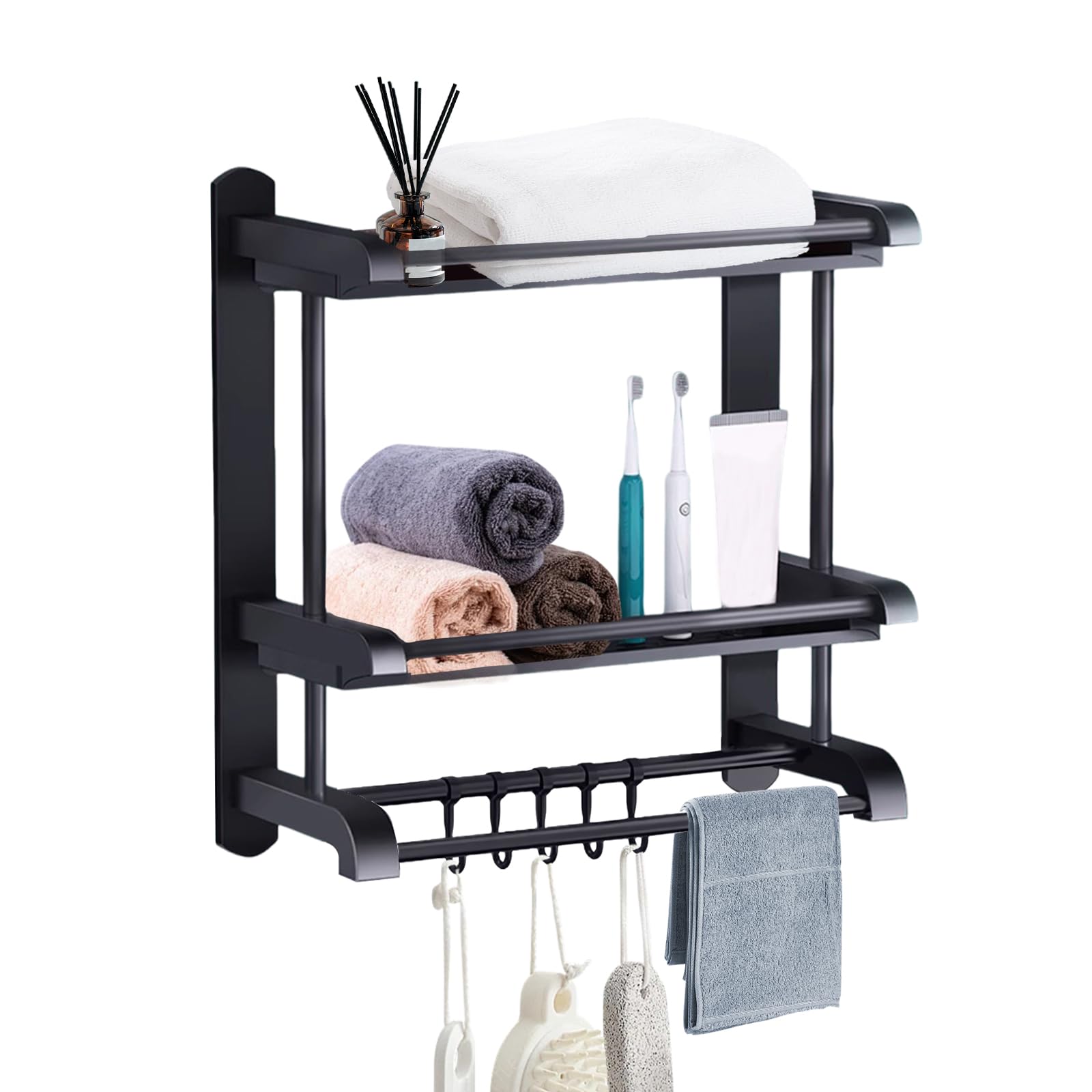 Toalleros de Baño Sin Taladro, Accesorios Baño Toallero de Pie, Toalleros de Baño de Acero Inoxidable, Estanteria Pared de Ducha con Barra, Estantería de Almacenamiento para Cocina, Hotel, Negro
