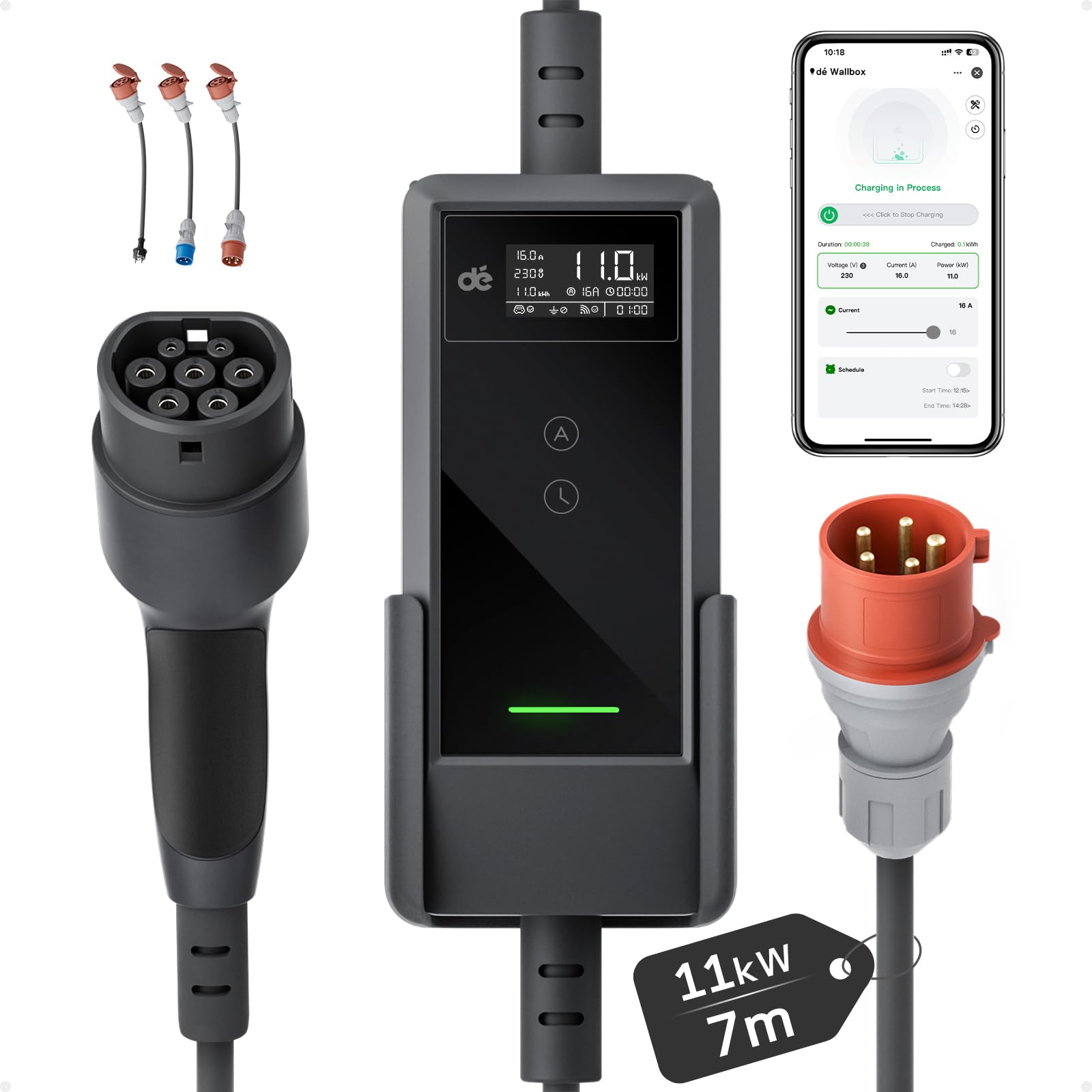 dé Przenośna wallbox 11 kW z aplikacją [7 m | 3-fazowa | 6–16 A], z zestawem podróżnym, CEE-16A 400V na typ 2 z regulowaną mocą ładowania, ładowarka EV do ID.3/4/5/7, IX1, Model 3/Y i innych BEV/PHEV