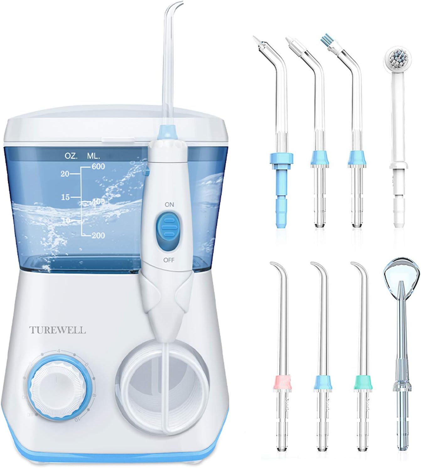 Water Flossing Oral Irrigator, 600ML Dental Cleaner 10 Adjustable Pressure, Electric Oral Flosser for Teeth/Braces, 8 Replacement Jet Tips for Family (White)