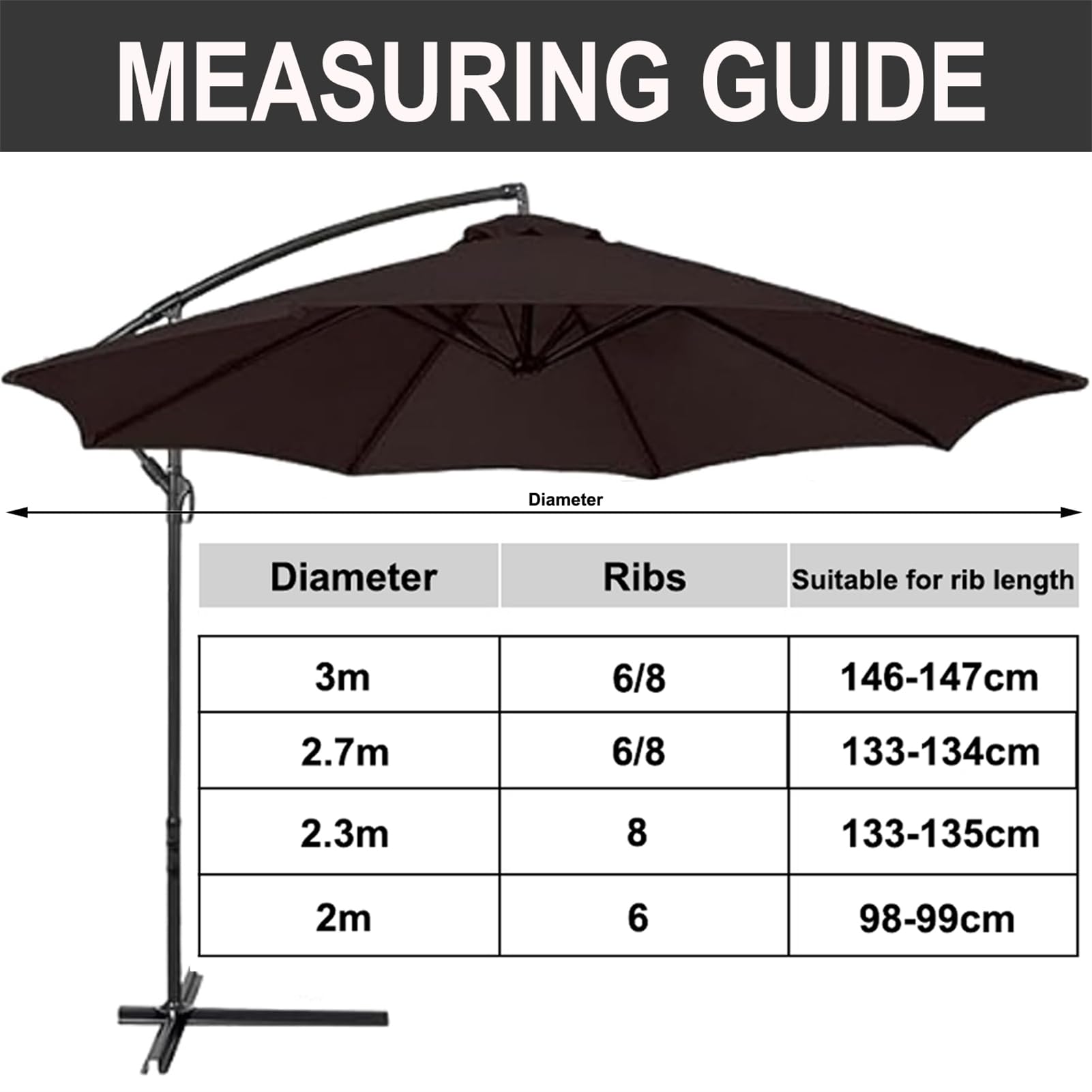 Cubierta de repuesto para sombrilla de exterior, 3 m, 2,7 m, 2,3 m, 2,3 m, 2 m, cubierta de tela impermeable para sombrilla voladiza, resistente a los rayos UV, cubierta superior de sombrilla de