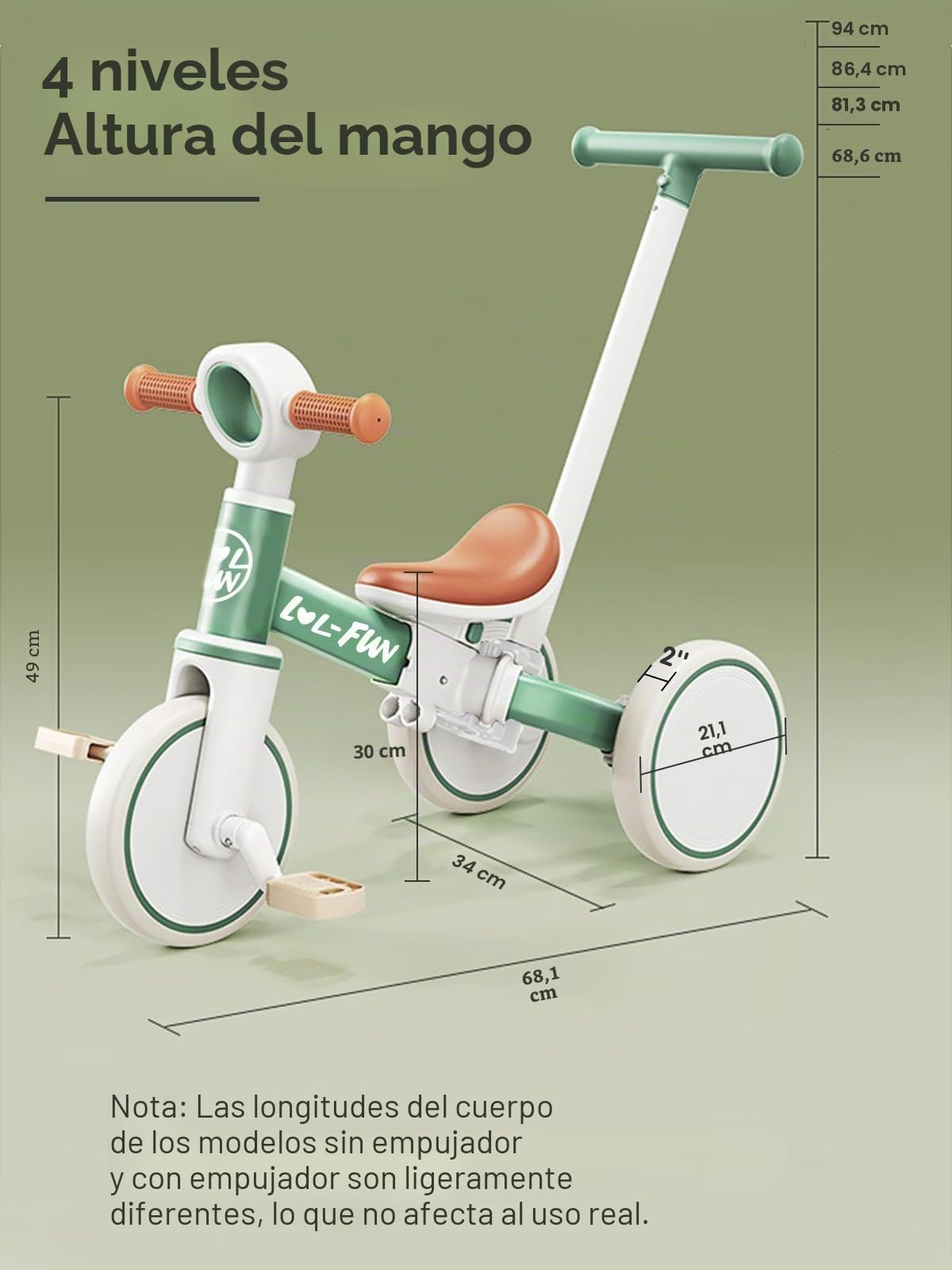 LOL-FUN Triciclo 5 en 1 con Mango de Dirección para Padres, Bicicleta de Equilibrio para Niños de 1 a 4 Años con Pedales Extraíbles