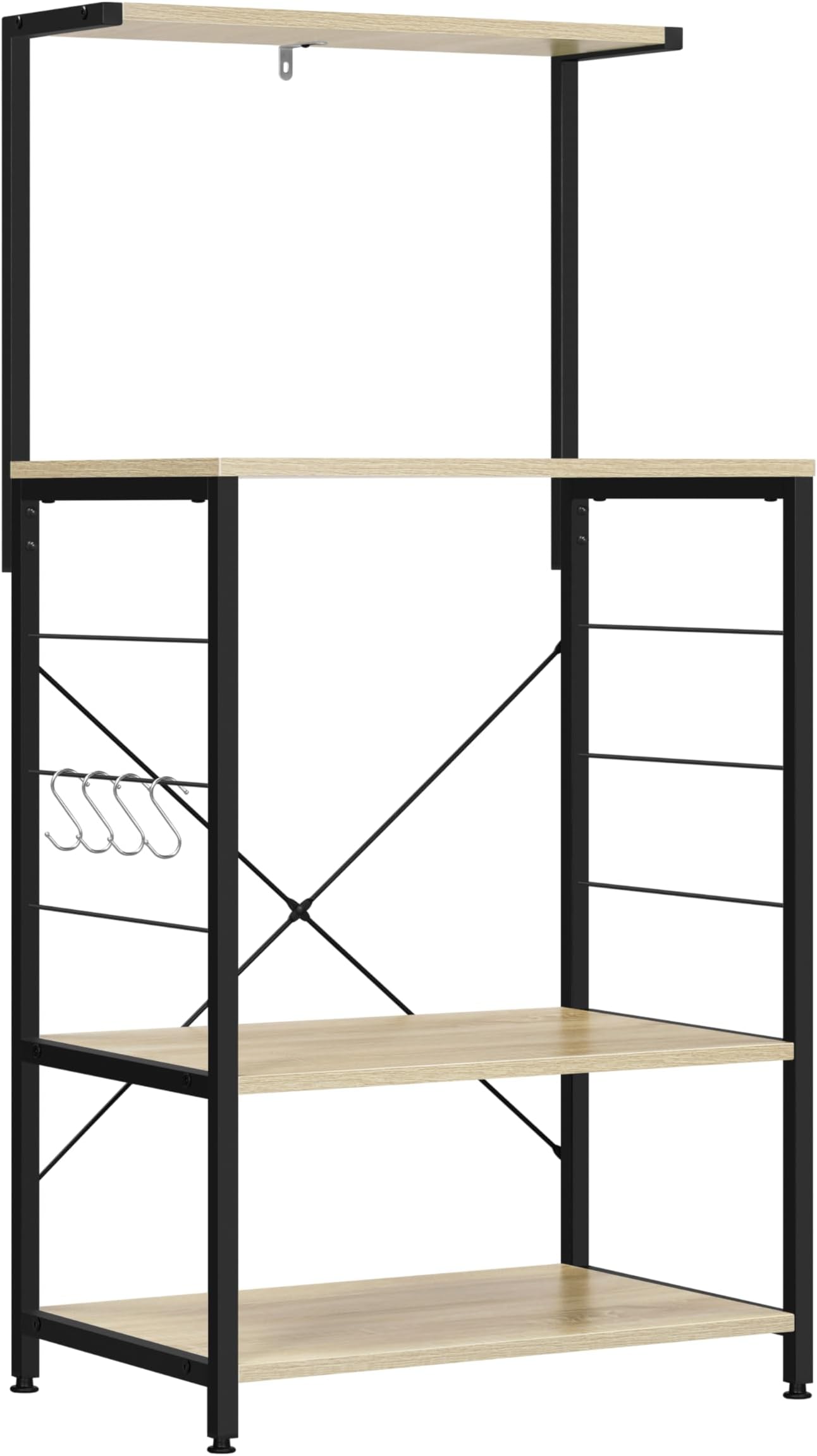 eSituro Heavy Duty 4-Tier Storage Shelves for Kitchen Living Room Microwave Industrial Bookcase Shelving Unit Stand with Black Metal Frame Light Oak Wooden Shelves 4 Hooks 60x40x123CM SSTR0022