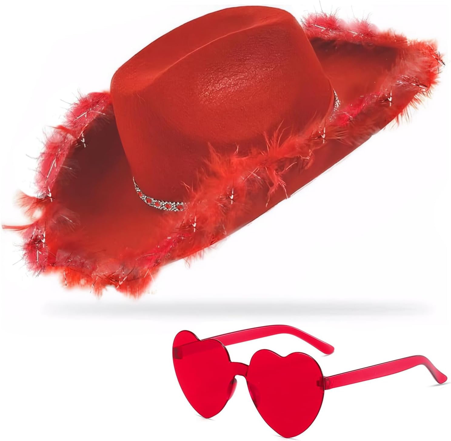 Cowboy Hat with Heart Sunglasses - Cowgirl Hat with Feather Boa Brim for Women&Men,Bachelorette Party Halloween