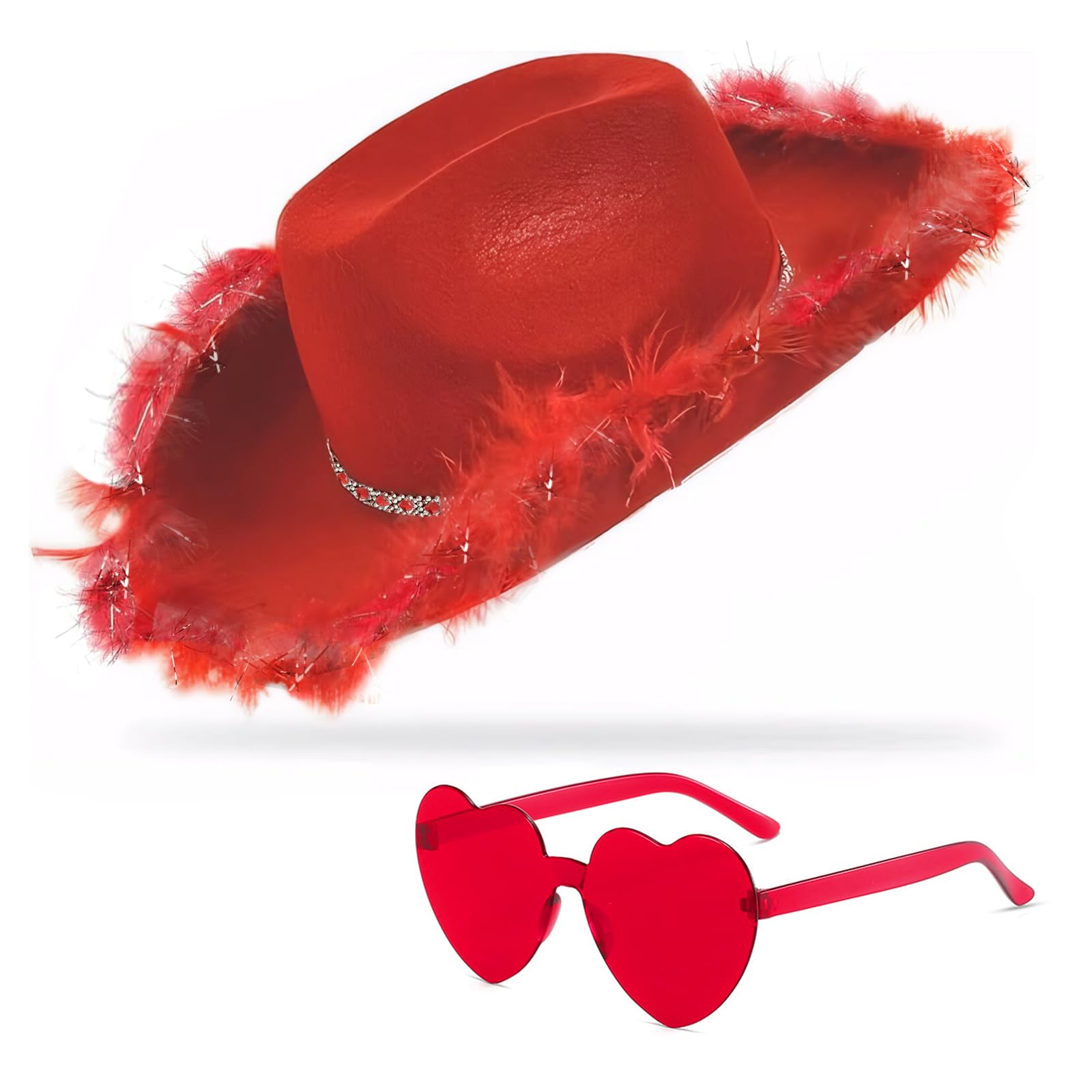 db11 Cowboy Hat Cowgirl Hat with Sequins Rodeo Party Hats with Heart Glasses (Red)