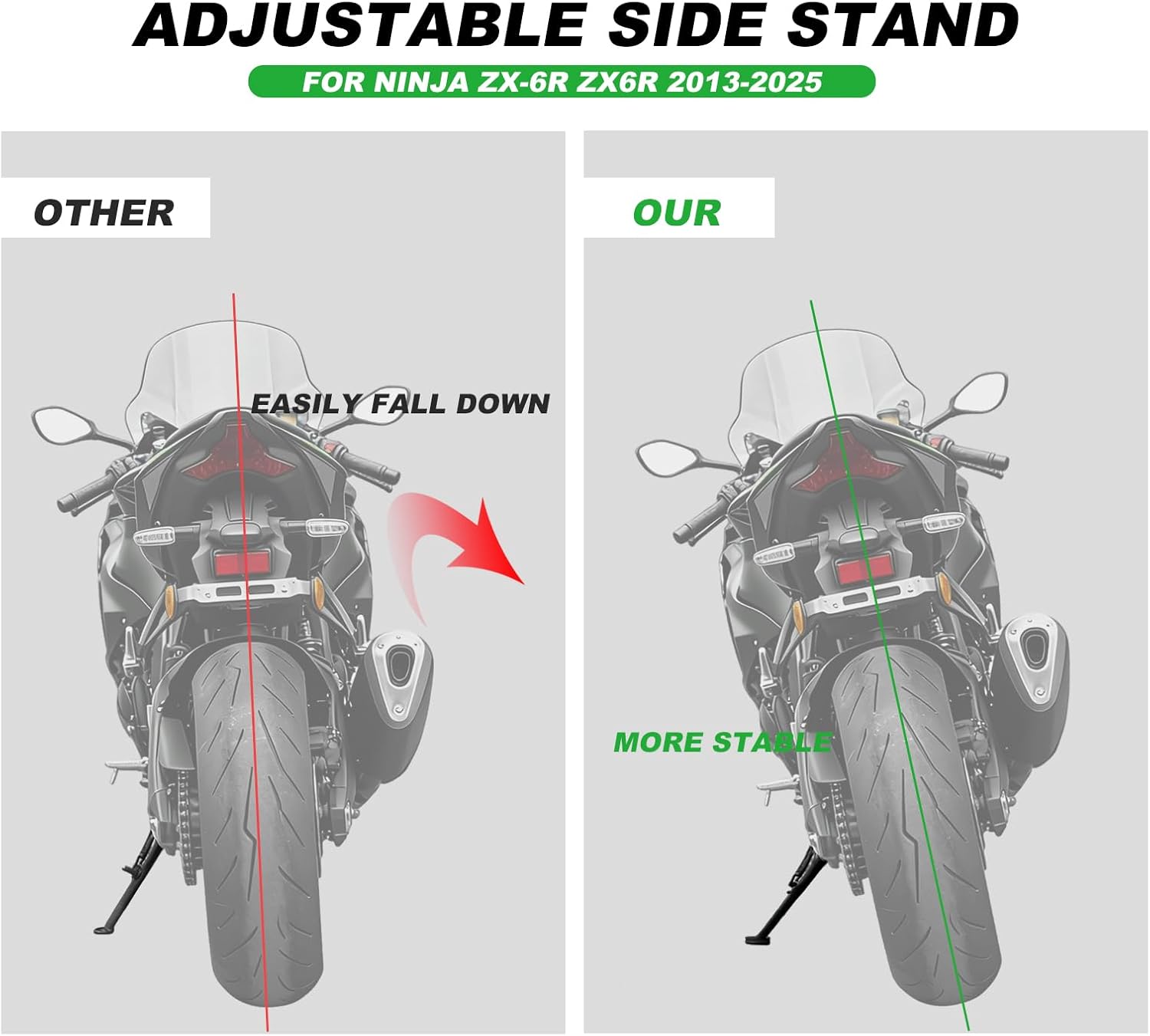 ZX6R Kickstand Adjustable Side Stand Fit for Ninja ZX-6R 2013-2025 ZX 6R