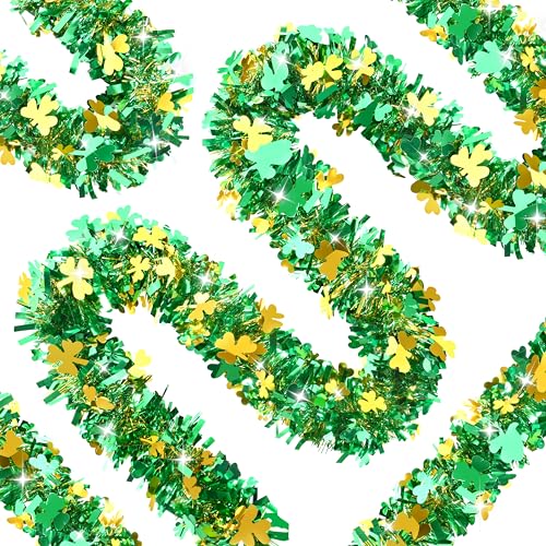 Image of 50FT St. Patrick's Day Tinsel Garland Shamrock Clover Green Gold Metallic Tinsel Twist Garland for Irish Saint Patricks Day Party Home Decor Indoor Outdoor Decoration