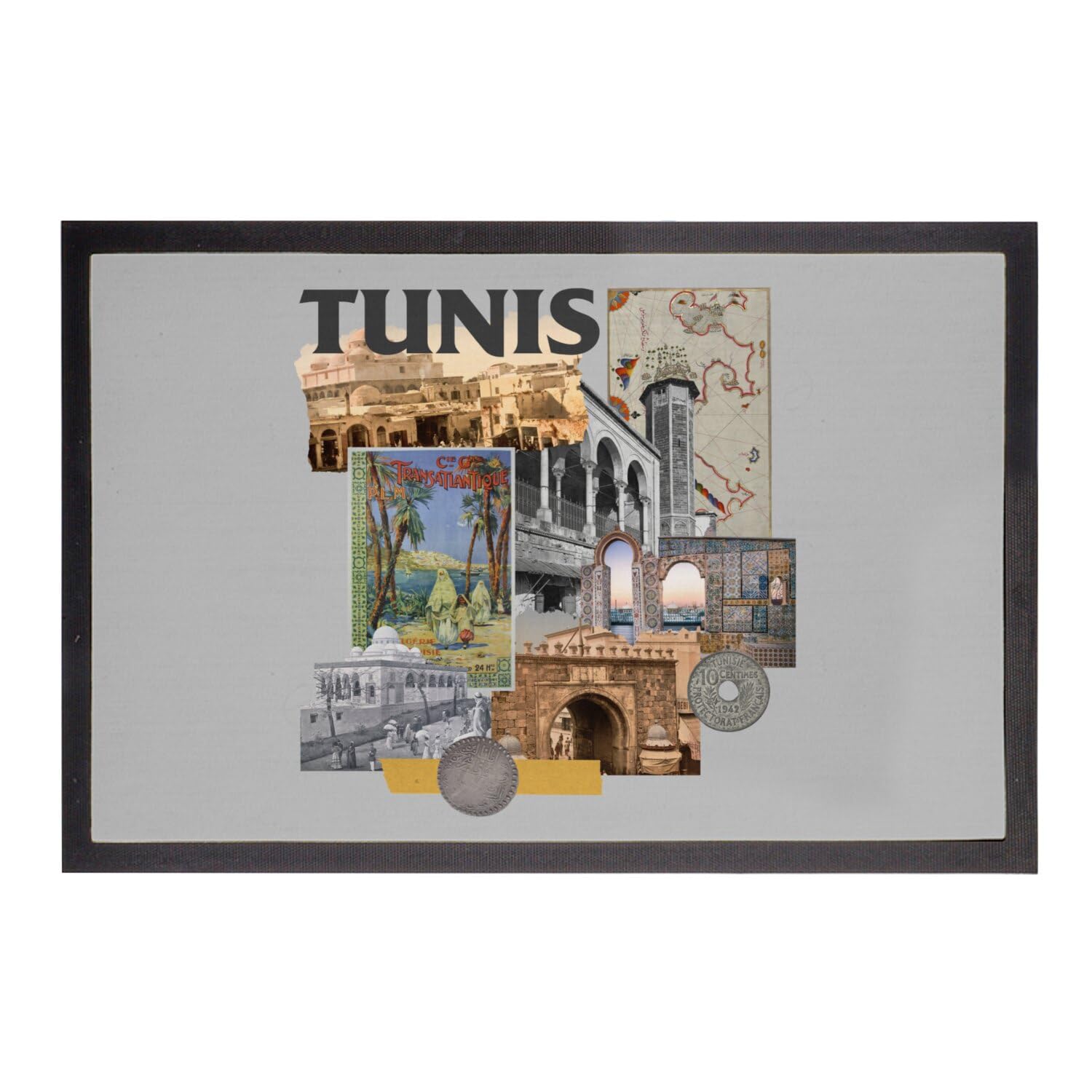 Paillasson Tunisie gris tapis entrée vintage Tunis collage 60x40cm