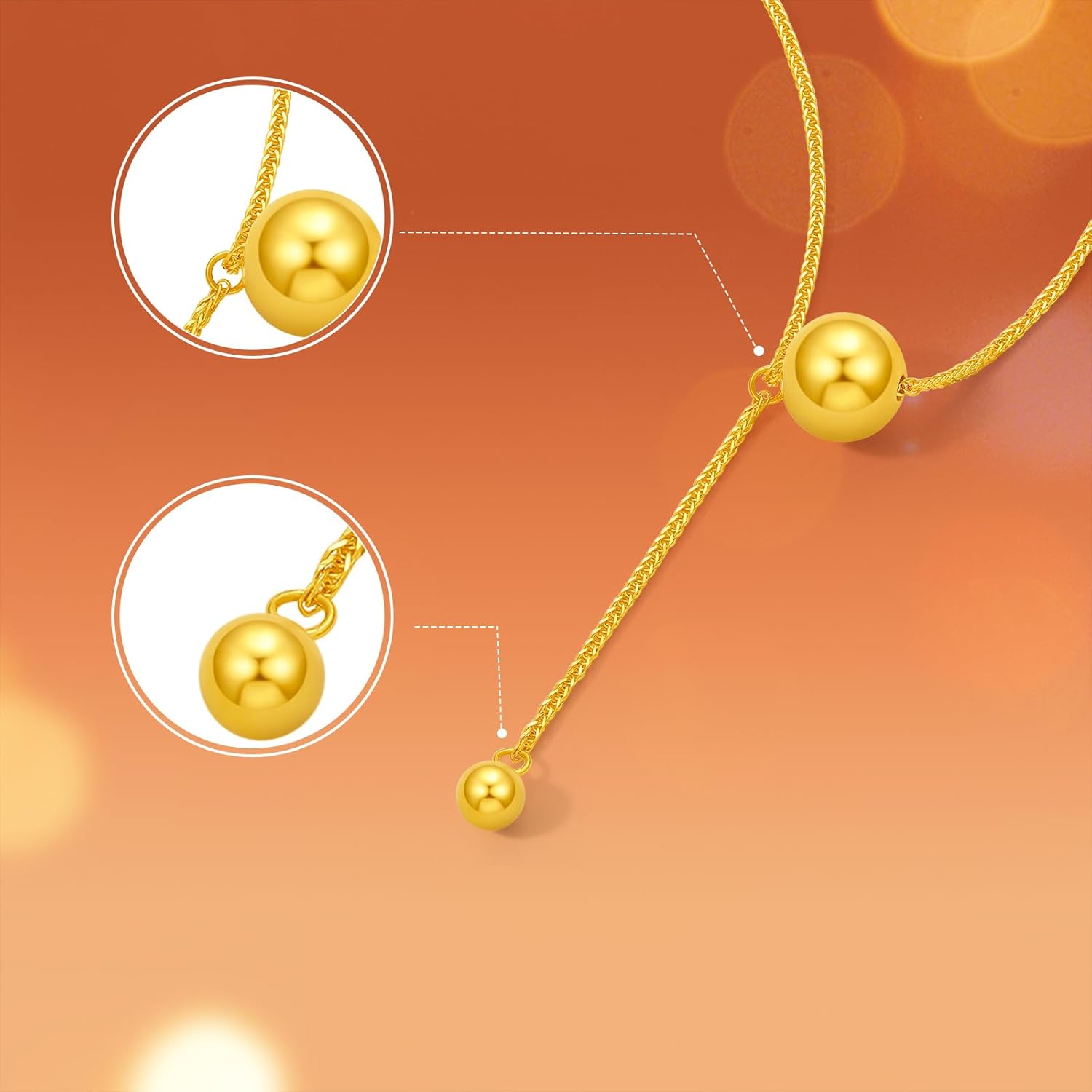 ZHOU LIUFU 24K Real Gold Pendant Necklace Simple Bead for Women Dainty Pendant Chain 40+5CM with Jewelry Box for Wife Mother Girlfriend Gifts - Image 2